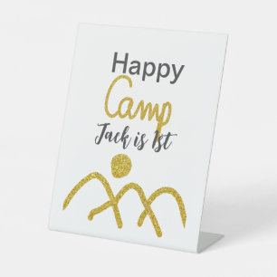 Happy camping camper one birthday kids golden sun pedestal sign