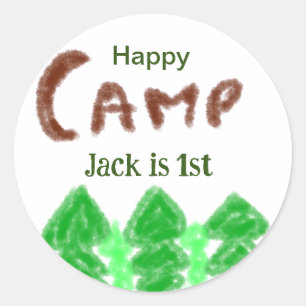 Happy camping camper one birthday kids trees wood classic round sticker