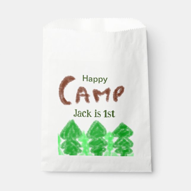 Happy camping camper one birthday kids trees wood favour bags (Front)
