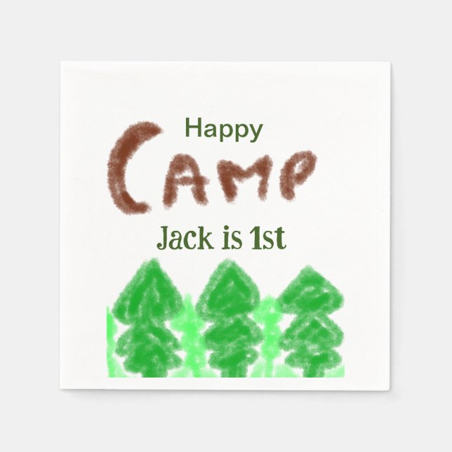 Happy camping camper one birthday kids trees wood napkin (Front)