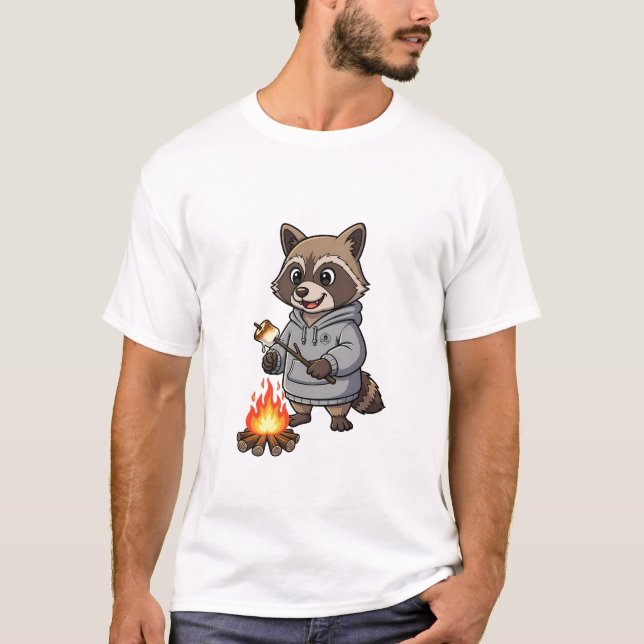 Happy Camping Raccoon in Hoodie Roasting T-Shirt (Front)