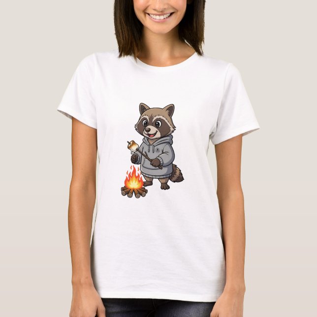 Happy Camping Raccoon in Hoodie Roasting T-Shirt (Front)
