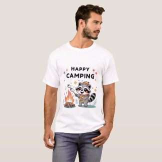Happy Camping Racoon, Cute Campfire Cartoon T-Shirt
