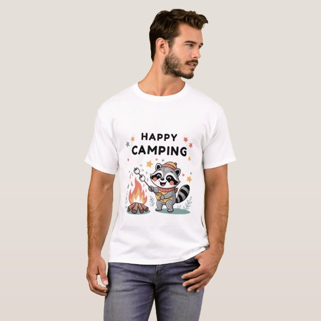 Happy Camping Racoon, Cute Campfire Cartoon T-Shirt (Front Full)