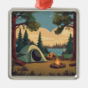 Happy Camping Tent and Campfire Metal Tree Decoration