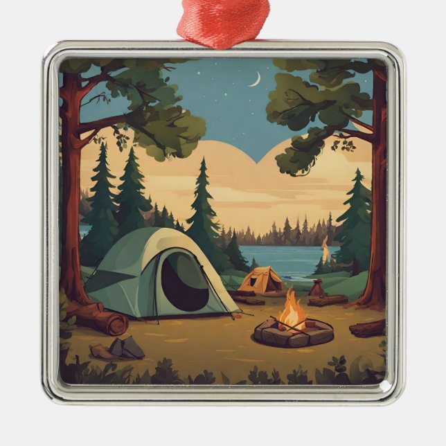 Happy Camping Tent and Campfire  Metal Tree Decoration (Front)
