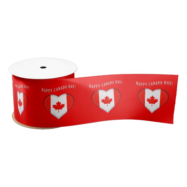 Happy Canada Day Maple Leaf Canadian Heart Satin Ribbon (Spool)