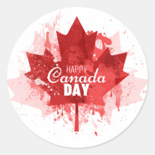 Happy Canada Day Maple Leaf paint splatter Classic Round Sticker