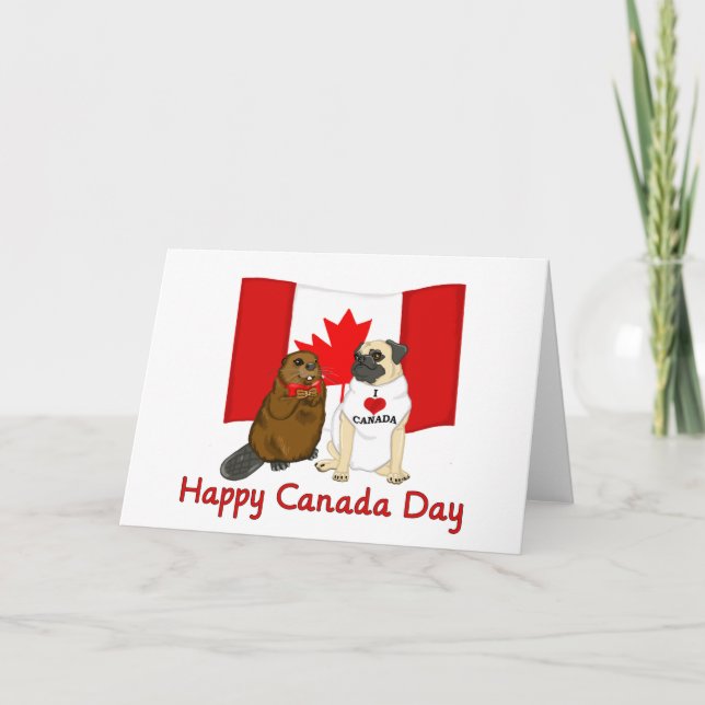 Happy Canada Day Pug and Beaver Pal Tees, Gifts Card (Front)