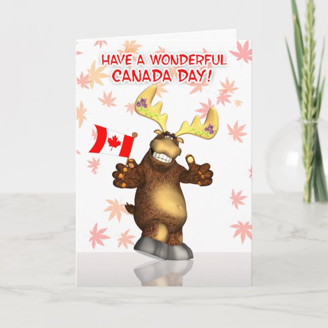 Happy Canada Day With Moose Waving The Flag Card (Front)