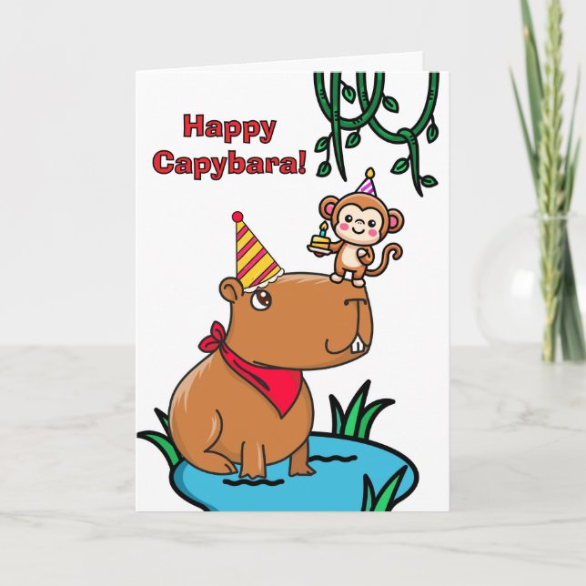 Happy Capybara Birthday with Monkey Party Card (Front)