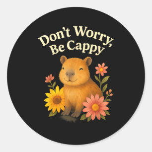 Happy Capybara Don’t Worry Be Cappy Sunflower Flor Classic Round Sticker