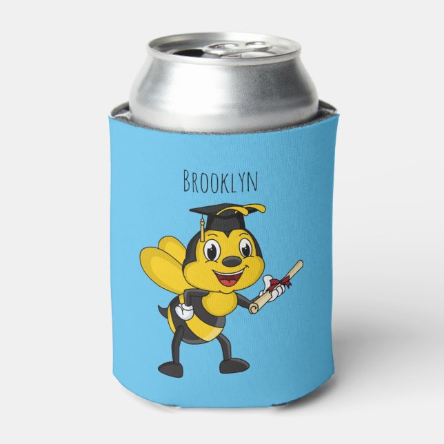 Happy cartoon bee graduation can cooler (Can Front)