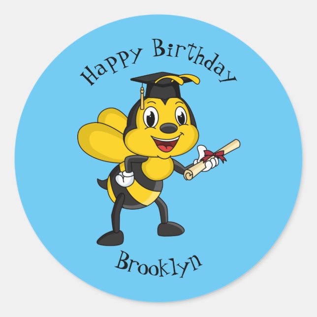 Happy cartoon bee graduation classic round sticker (Front)