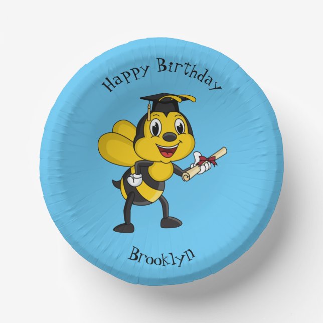 Happy cartoon bee graduation paper plate (Front)