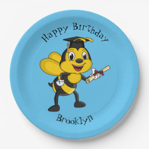 Happy cartoon bee graduation paper plate