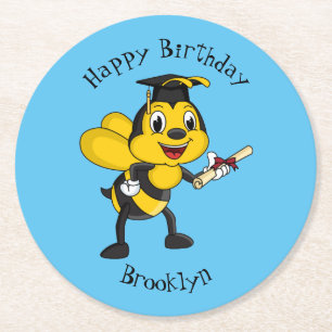Happy cartoon bee graduation round paper coaster