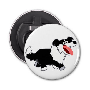 Happy Cartoon Border Collie Button Bottle Opener