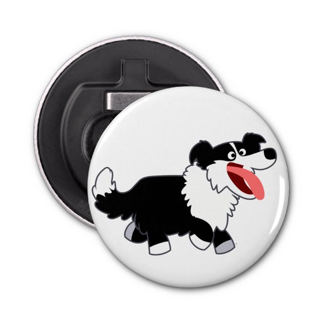 Happy Cartoon Border Collie Button Bottle Opener (Front)