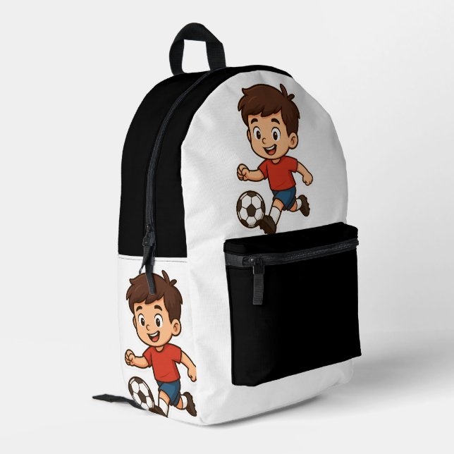 Happy Cartoon Boy Playing Soccer Printed Backpack (Back Corner Left)
