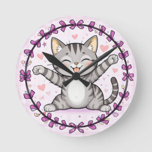 Happy Cartoon Cat Illustration Round Clock