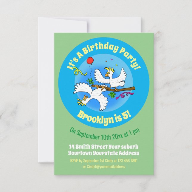 Happy cartoon cockatoo birds  invitation (Front)