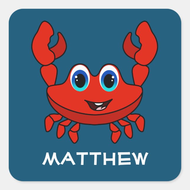 Happy Cartoon Crab Personalised Kids Square Sticker (Front)