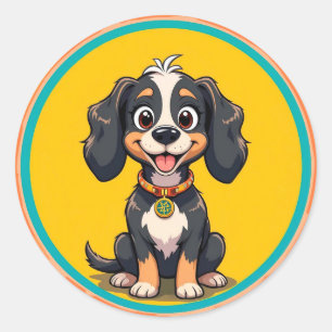Happy Cartoon Dog in a Colourful Circular Frame Classic Round Sticker