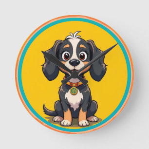 Happy Cartoon Dog in a Colourful Circular Frame Round Clock