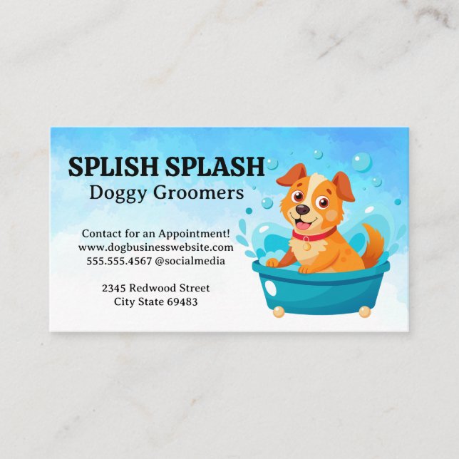 Happy Cartoon Dog in Bath Bubbles | Groomers Business Card (Front)