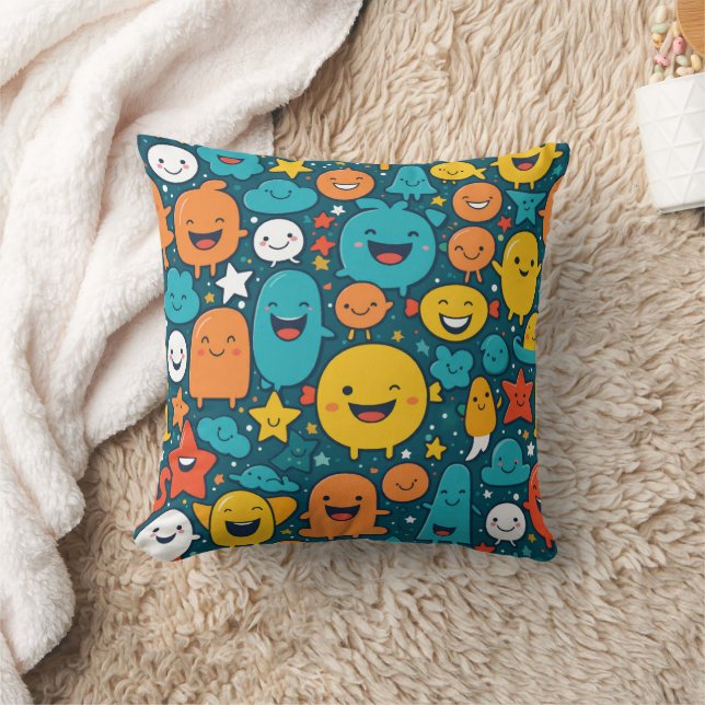 Happy Cartoon Faces Pattern Pillow (Blanket)