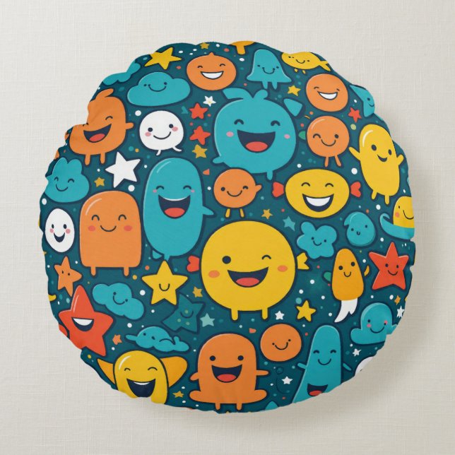 Happy Cartoon Faces Pattern  Round Cushion (Front)