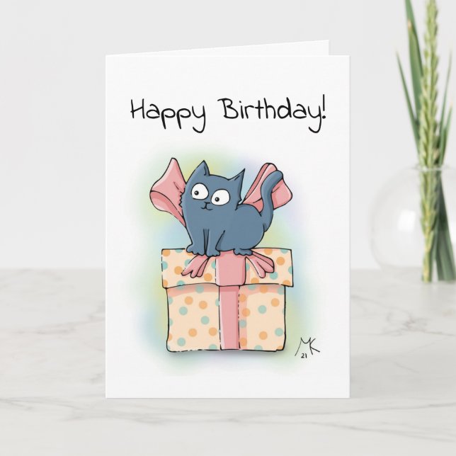 Happy Cartoon Kitten on Box with Ribbon Card (Front)