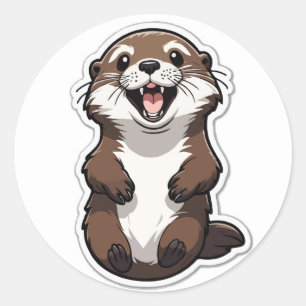 Happy Cartoon Otter Illustration – Cute Animal Art Classic Round Sticker