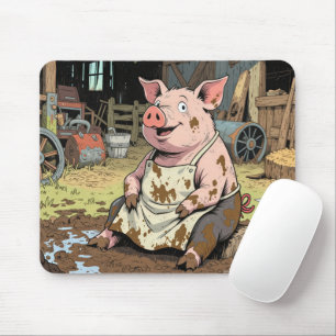 Happy Cartoon Pig In a Farm Barn Mouse Mat