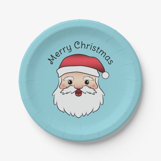 Happy Cartoon Santa Claus Head On Blue And Text Paper Plate (Front)