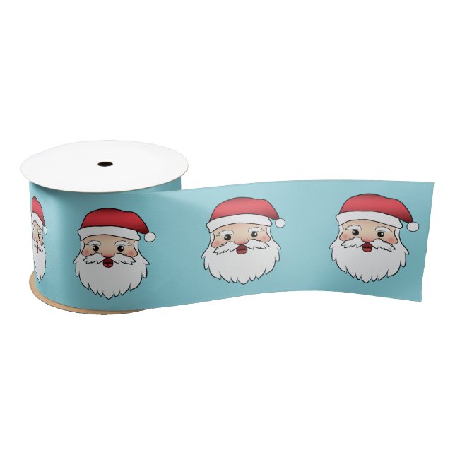 Happy Cartoon Santa Claus Heads On Blue Satin Ribbon (Spool)