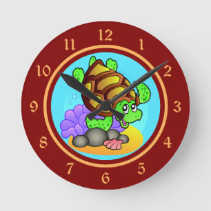 Happy Cartoon Sea Turtle with Bright Red and Gold Round Clock