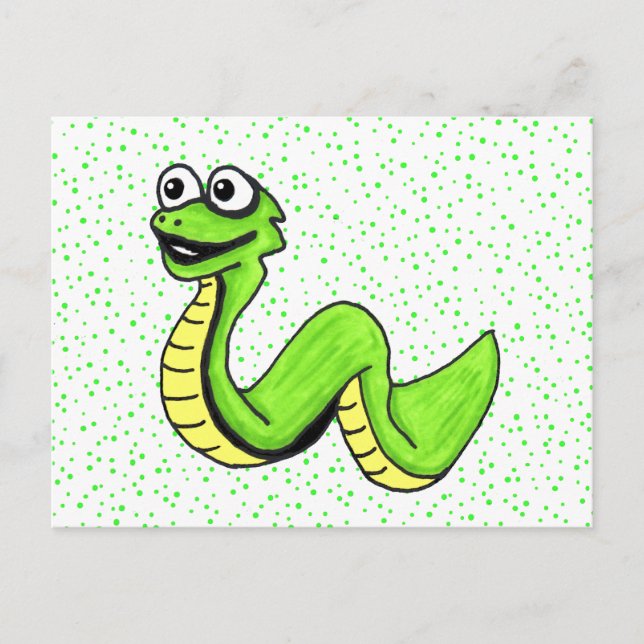 Happy Cartoon Snake Bright Green Yellow on Dots Postcard (Front)