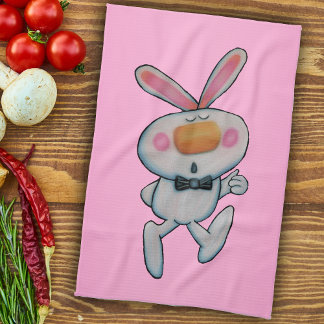 Happy Cartoon Thumbs Up Bunny Bow Tie Pink Tea Towel