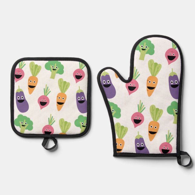 Happy Cartoon Vegetables  Oven Mitt & Pot Holder Set (Front)