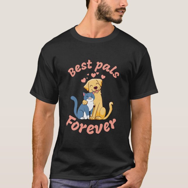 Happy Cat and Happy Dog. Best pals forever. Funny T-Shirt (Front)
