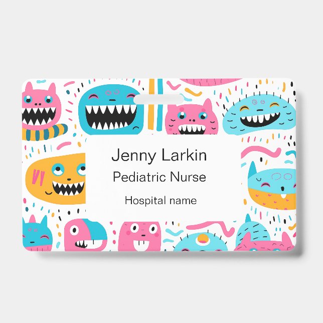 Happy cat and monster faces ID badge (Front)