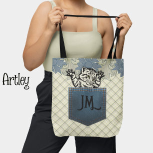 Happy Cat Blue Floral Country Plaid Jean Pocket Tote Bag