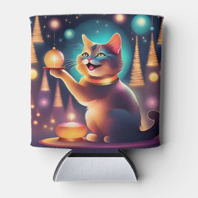 Happy cat celebrating Christmas،Cooler Can Cooler (Front)