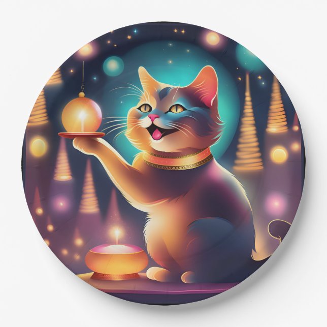 Happy cat celebrating Christmas،Paper Plate (Front)