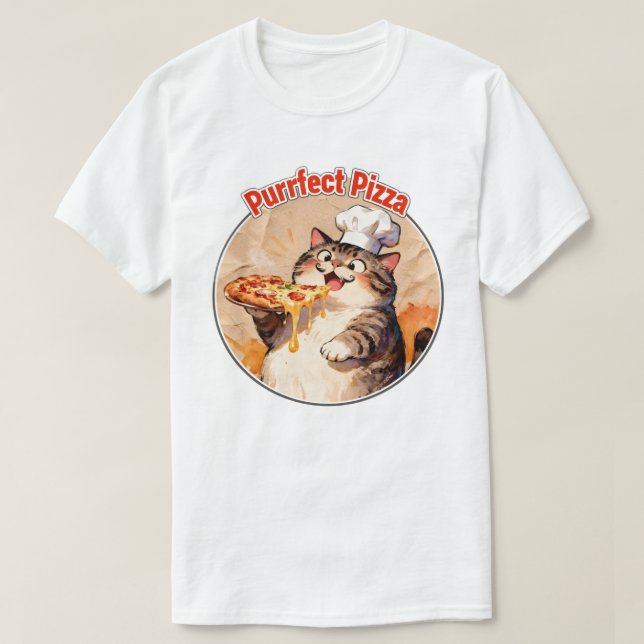Happy Cat Chef with Pizza T-Shirt (Design Front)