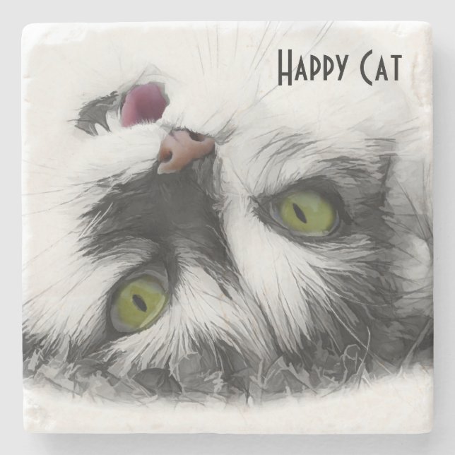Happy Cat cool customisable Stone Coaster (Front)