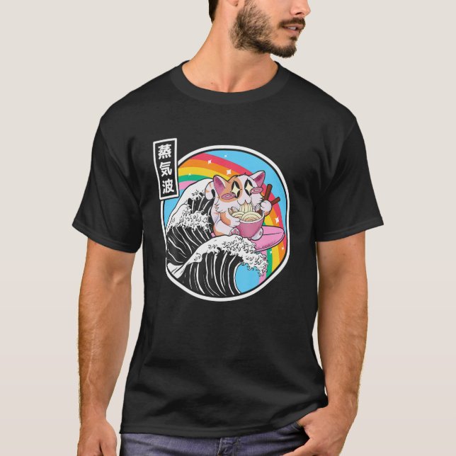 Happy Cat Eating Ramen Rainbow Kanagawa Wave Vapor T-Shirt (Front)