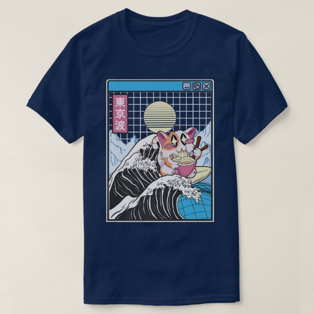 Happy Cat Eating Ramen Surfing Kanagawa Wave Anime T-Shirt (Design Front)